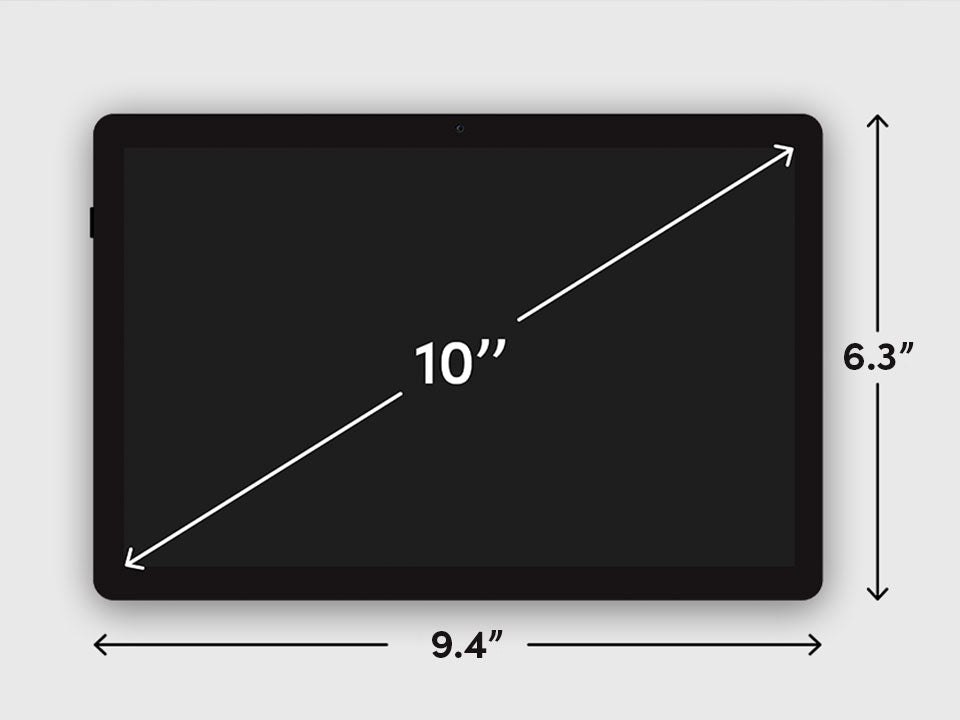 Dimensions of a tablet with measurements labeled on a white background