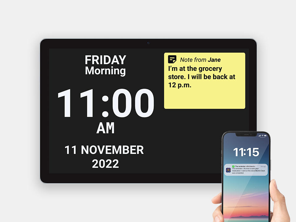 Digital display showing time, date, and a notification on a white background