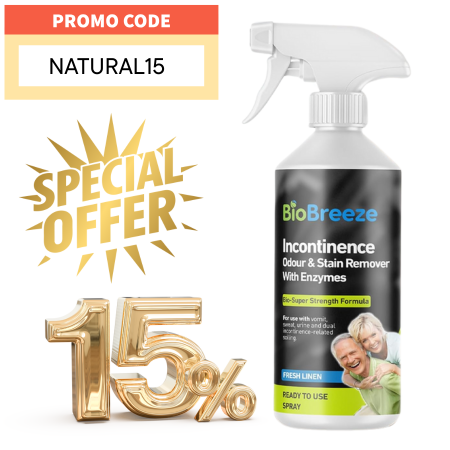 BioBreeze incontinence odour and stain remover spray bottle with promotional text on a white background