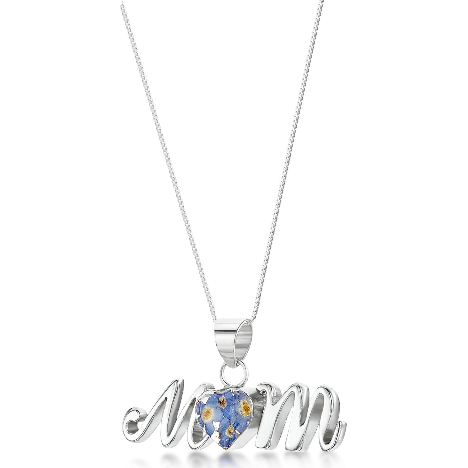 Sterling silver Mum pendant with the letter U formed by a silver heart with real forget-me-not flowers set in resin. Hangs on an 18 inch sterling silver chain.