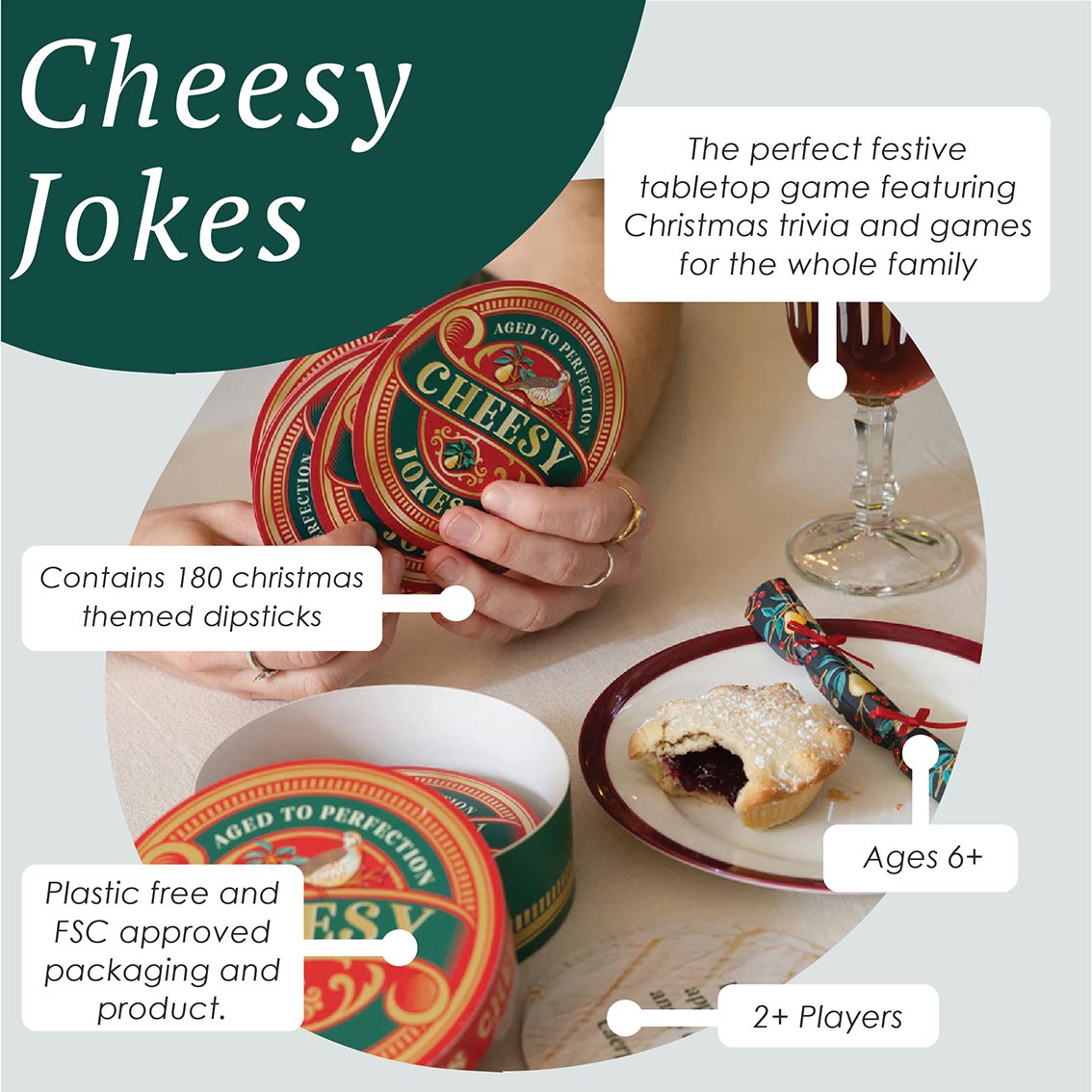 Cheesy Jokes Christmas-themed product packaging with text about the game and its features.