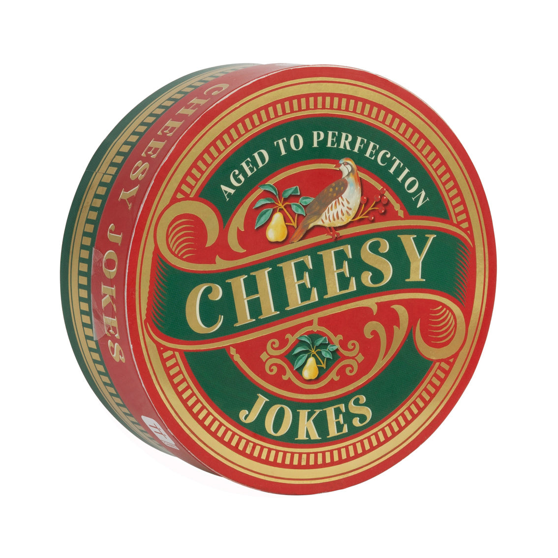 Round container labeled 'Cheesy Jokes' with decorative design on a white background