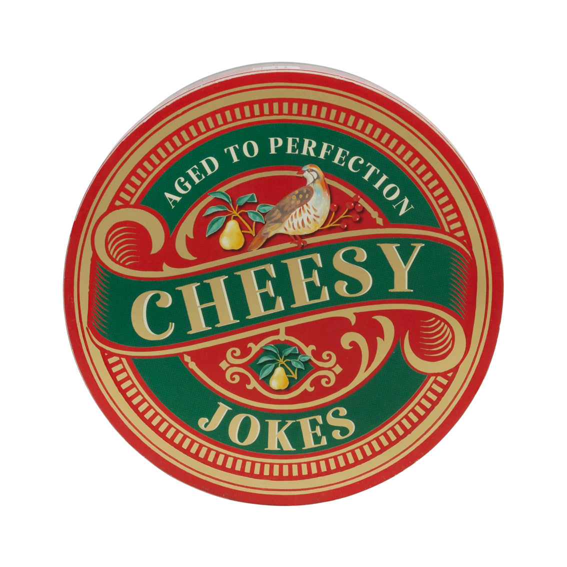 Circular logo with text 'Aged to Perfection Cheesy Jokes' on a white background