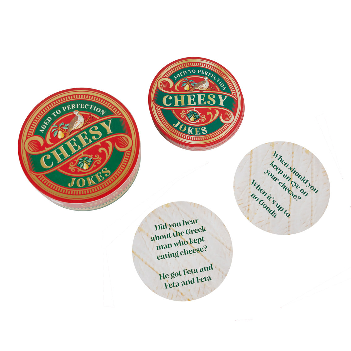 Two round containers labeled 'Cheesy Jokes' with a marble-patterned coaster featuring a joke.