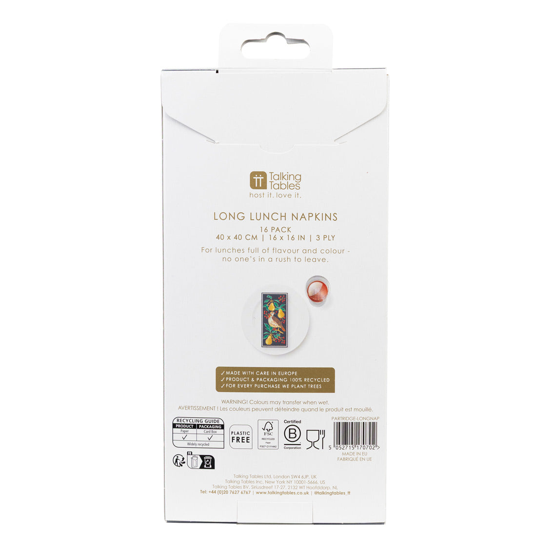 Packaging of Talking Tables long lunch napkins on a white background