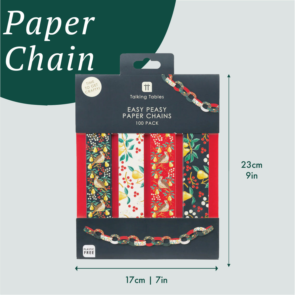 Packaging of Talking Tables Easy Peasy Paper Chains with dimensions displayed