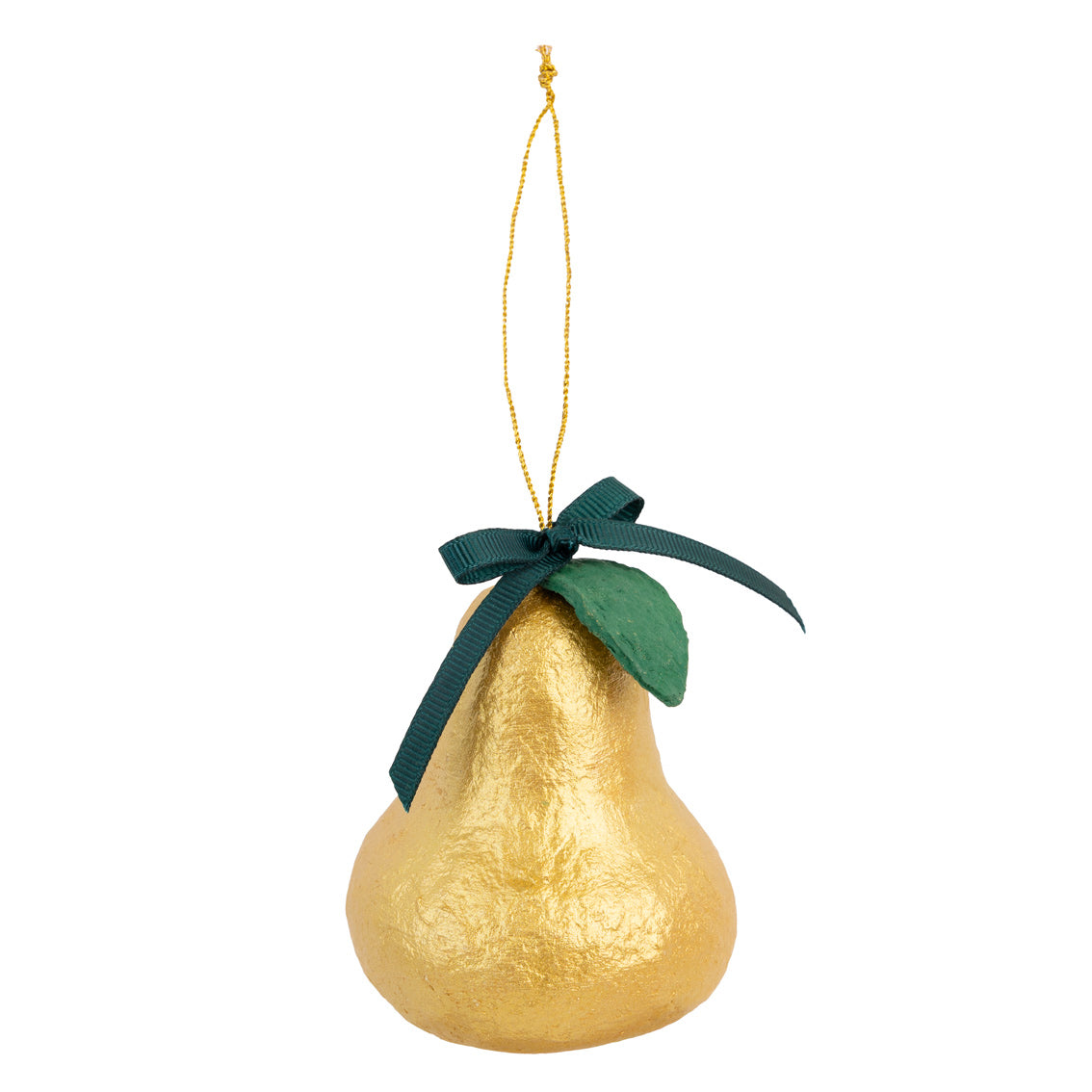 Gold pear-shaped ornament with a green bow on a white background