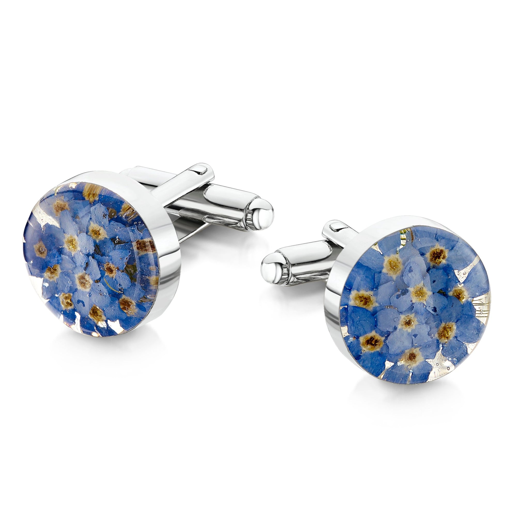 Sterling silver round cufflinks with real forget-me-not flowers set in resin.