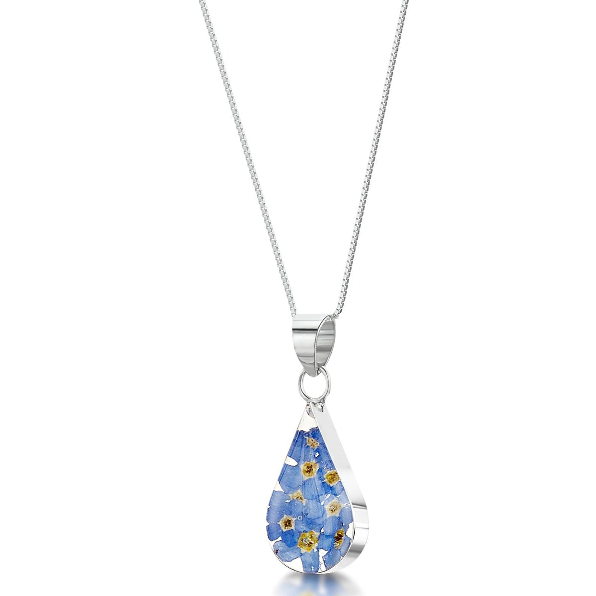 Sterling silver teardrop pendant with real forget-me-not flowers set in resin. Hangs on an 18 inch adjustable sterling silver chain.
