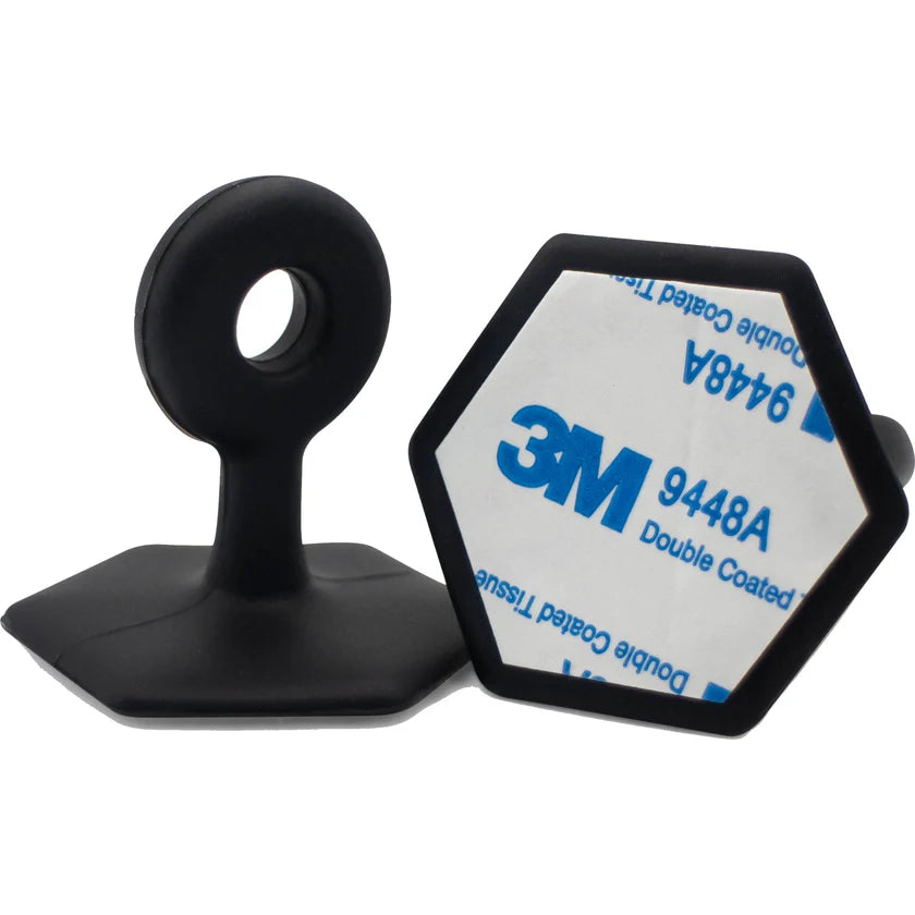 Black silicone grip aid with adhesive backing with a hexagonal 3M label on a white background
