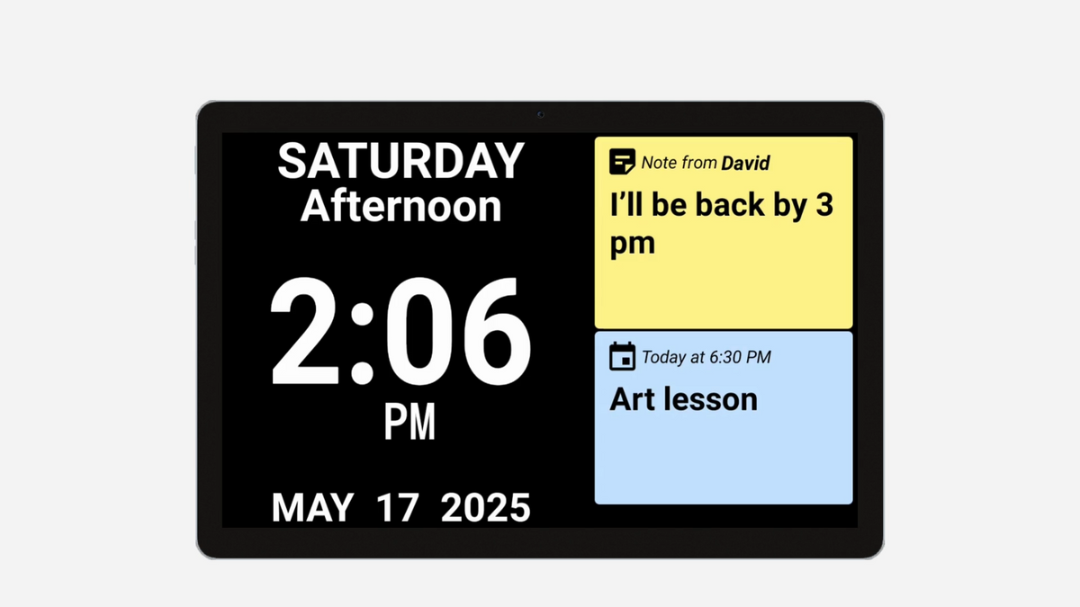 Digital display showing time, date, and notifications on a white background