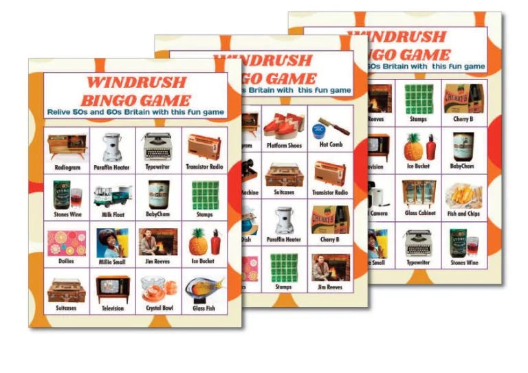 3 windrush bingo game cards with iconic items relating to that era on a white background.