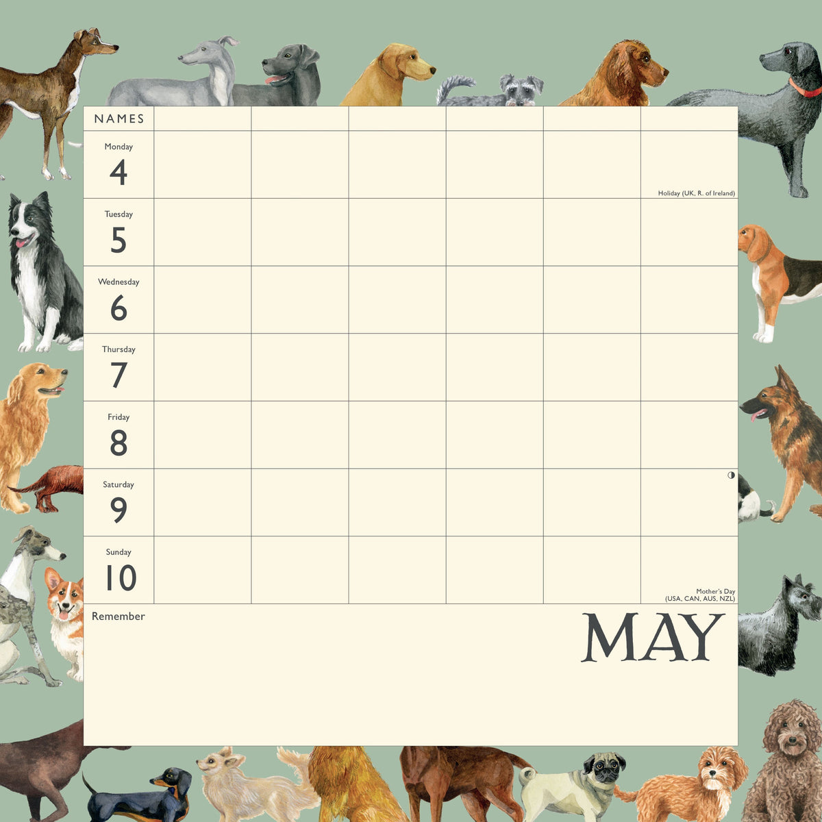 Calendar with illustrations of dogs on a May green background