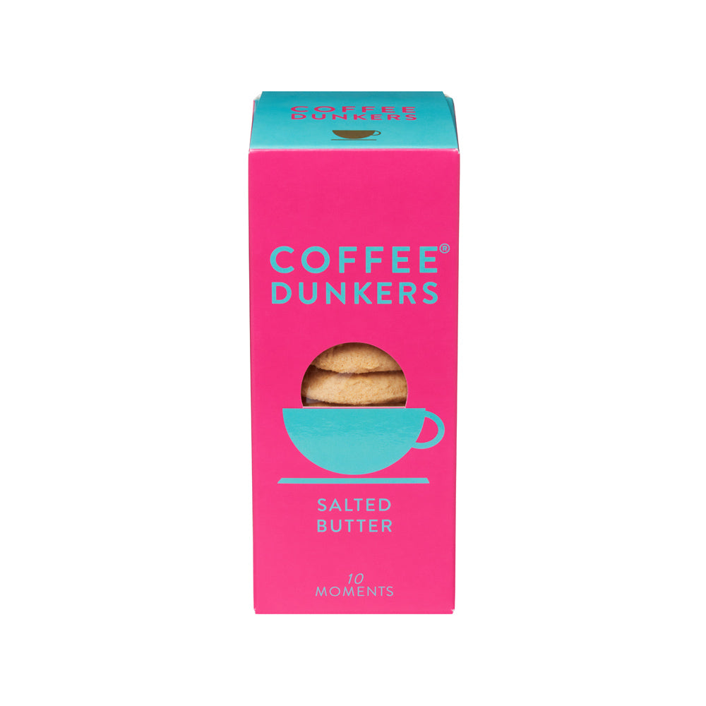 Box of Coffee Dunkers Salted Butter cookies on a white background