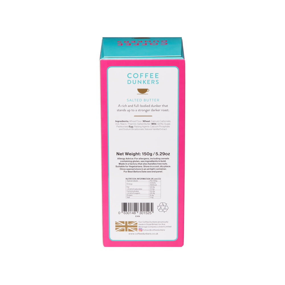 The back of a Coffee Dunkers Salted Butter coffee box, featuring a white label with product details, a barcode, and a bright pink border with a teal top section, on a white background.