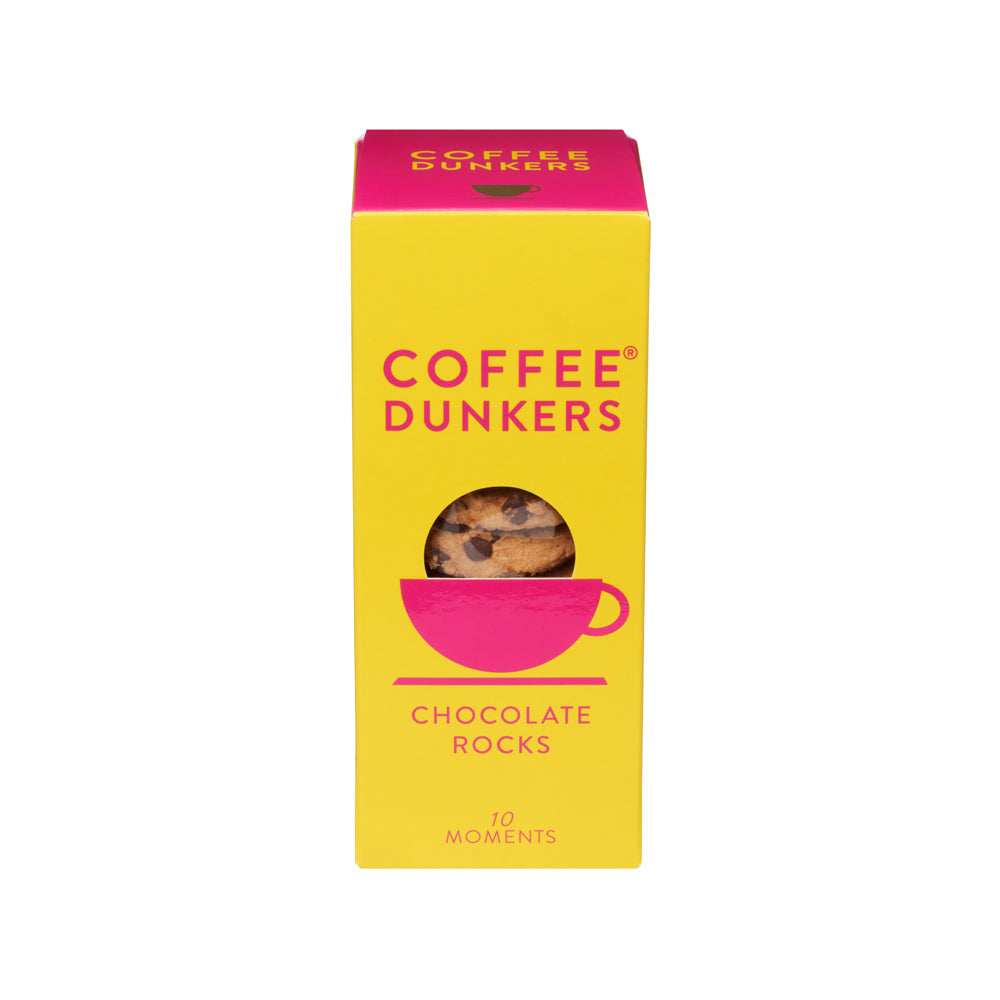 A yellow and pink box of Coffee Dunkers Chocolate Rocks coffee pods, shown against a plain white background.