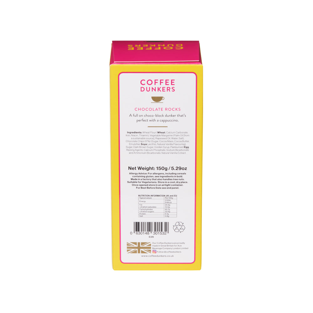 A tall rectangular box of Coffee Dunkers Chocolate Rocky coffee, shown from the back side. The packaging features a bright yellow border, a white center panel with black text, and a magenta-pink top section.