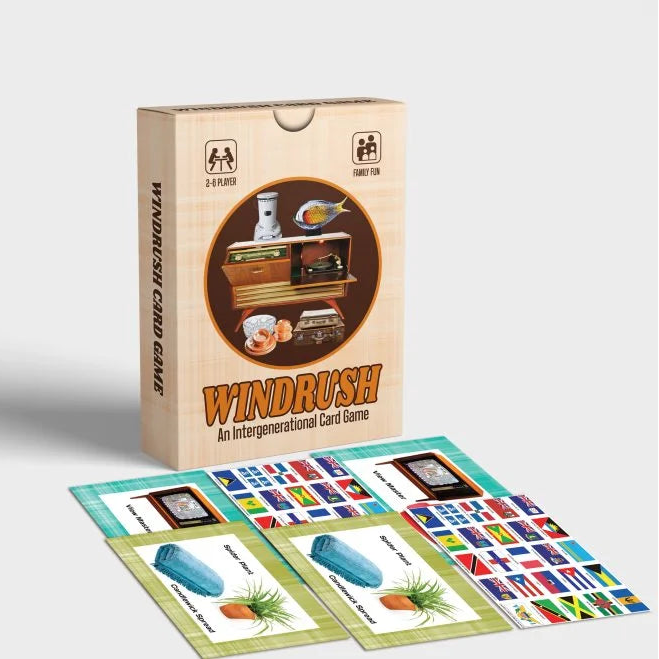 Windrush card game in a box with 6 playing cards laid flat on a white background.