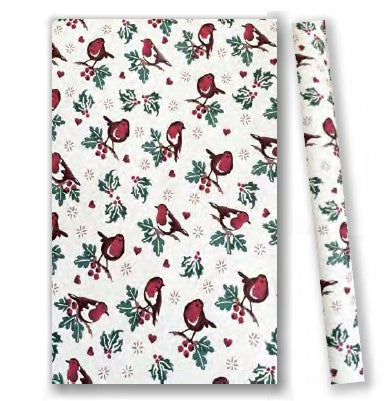 Patterned paper with red birds and green leaves on a white background