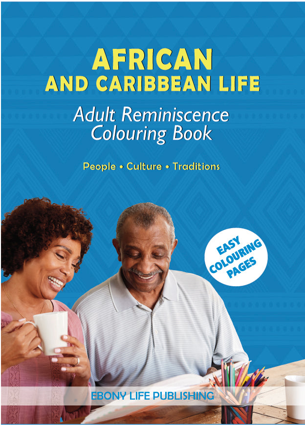 African and Caribbean book jacket cover shows two people smiling whilst discussing a drawing and the jacket also features a geometric pattern