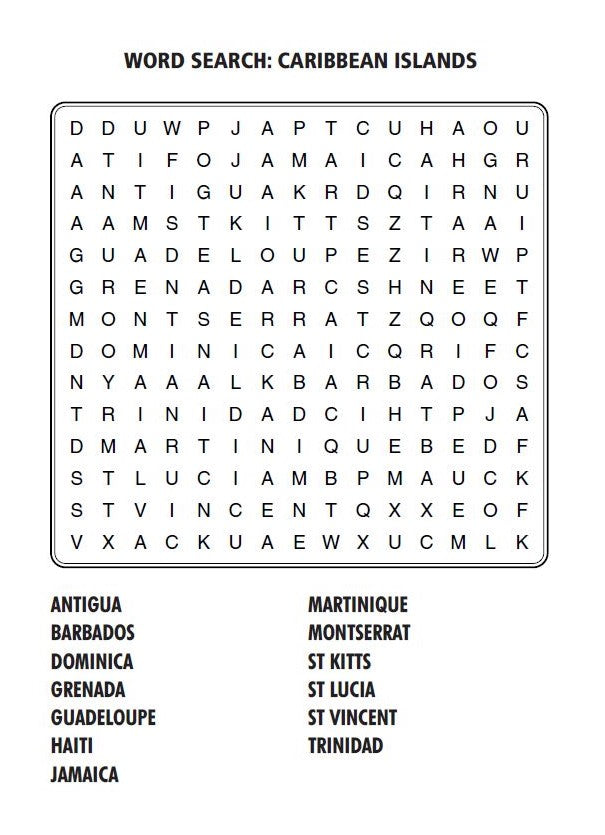 Word search for Caribbean islands like Barbados and Jamaica