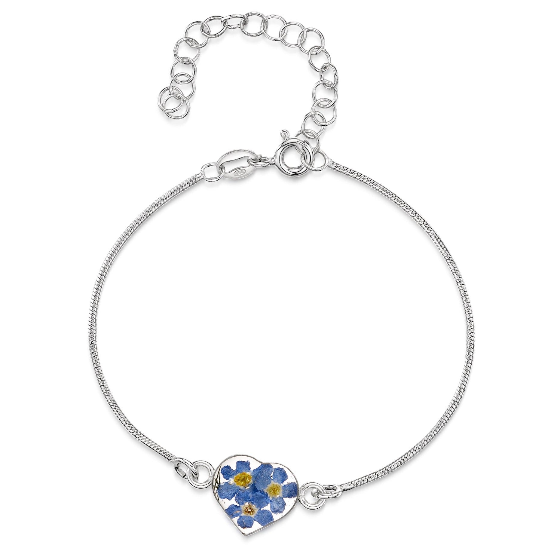 Sterling silver, adjustable snake chain bracelet with central sterling silver heart charm filled with real forget-me-not flowers set in resin.