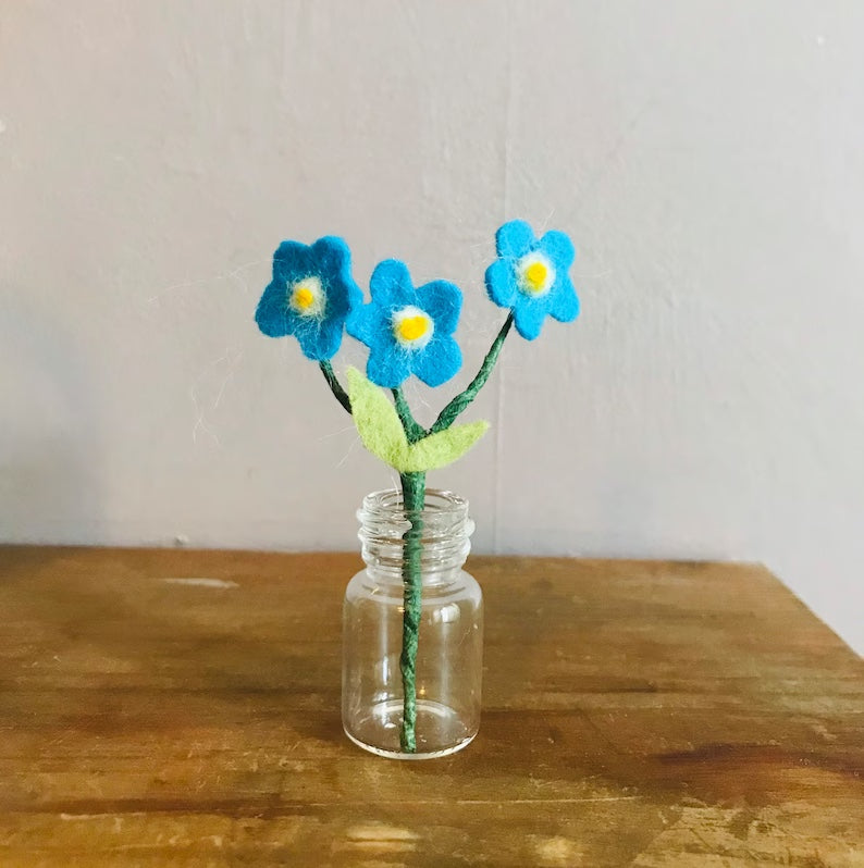 Mini jar of felted forget-me-nots