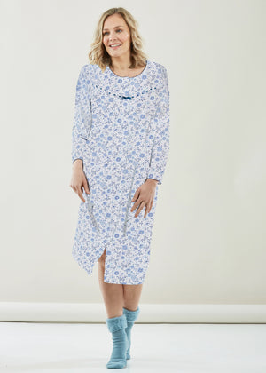 Janet Long Sleeve Jersey Front Opening Velcro Nightdress - Denim Blue