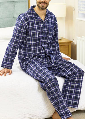 Lewis Brushed Pure Cotton Velcro Shirt and Pull On Bottoms PJ Set - Blue Check