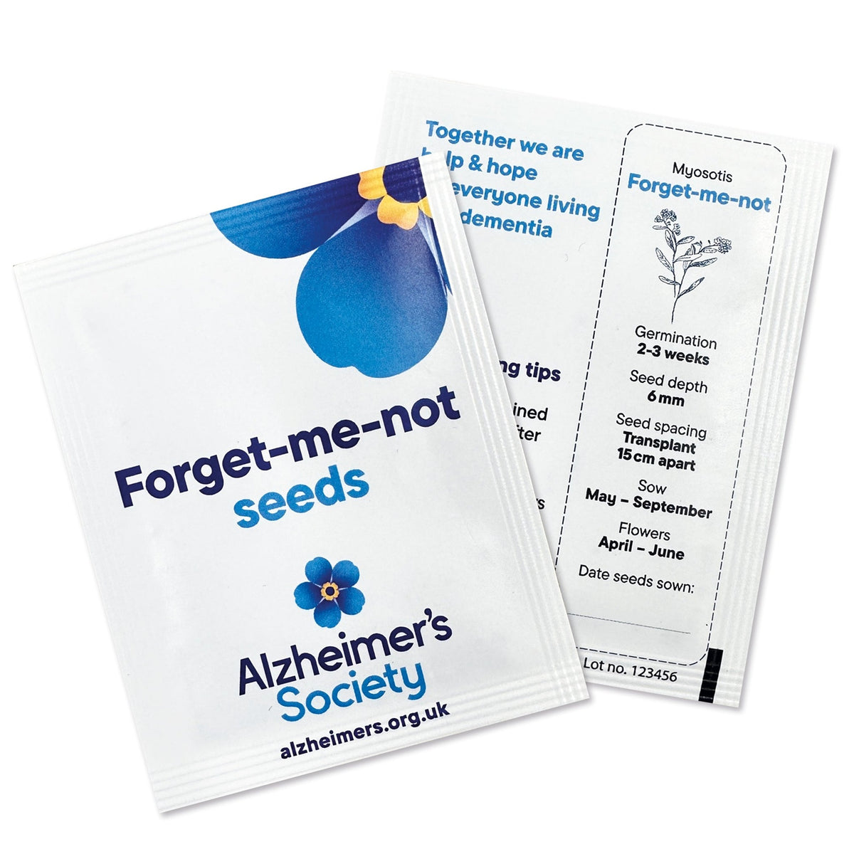 Front and back of branded forget-me-not seed packet with growing instructions
