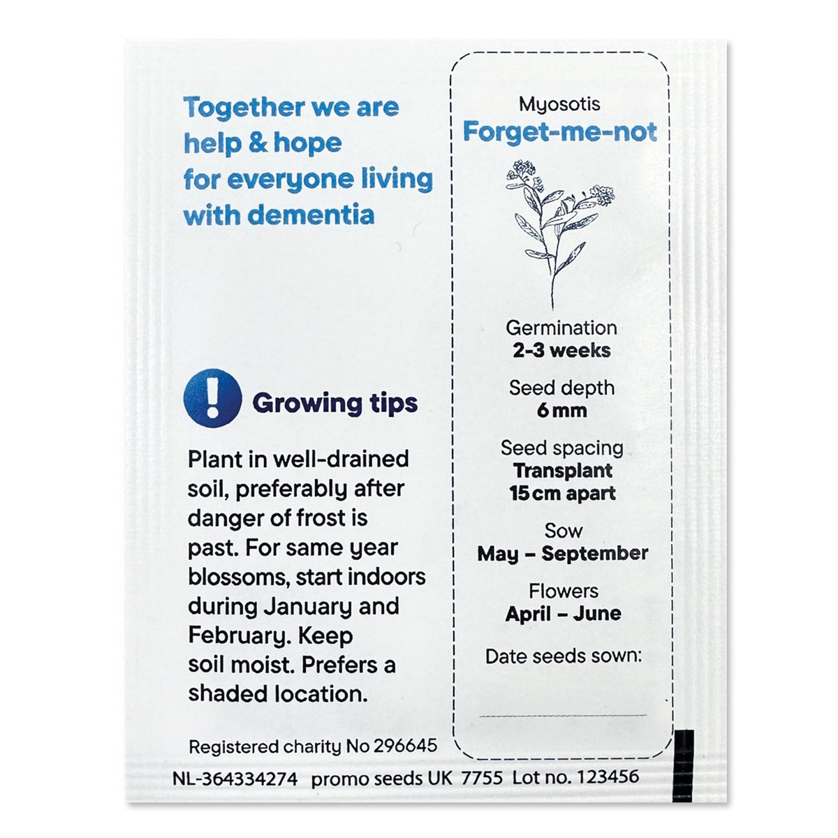 Back of branded forget-me-not seed packet with growing instructions