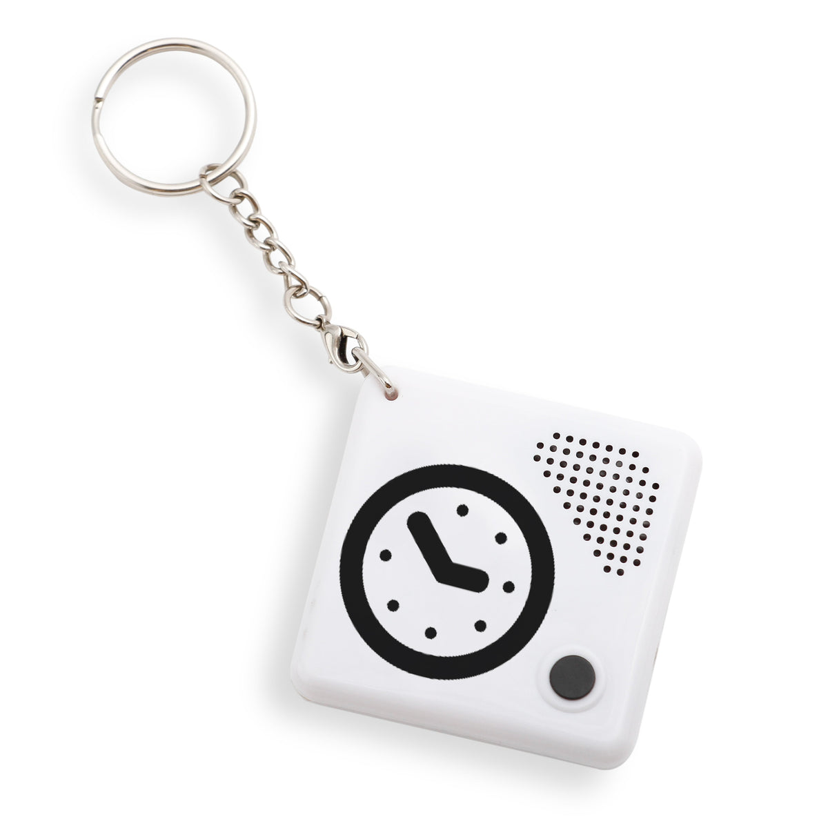 Keyring attached to a small white square device with a black clock printed on it and a small black button which can be pressed to tell the time from the small speaker in the device. Device can be removed from the keychain via a small lobster claw clasp.