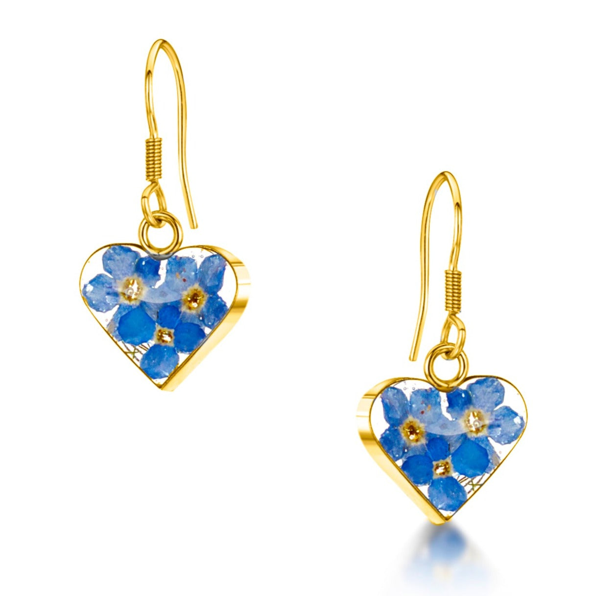 Sterling silver, gold-plated dangly drop heart earrings with real forget-me-not flowers set in resin.