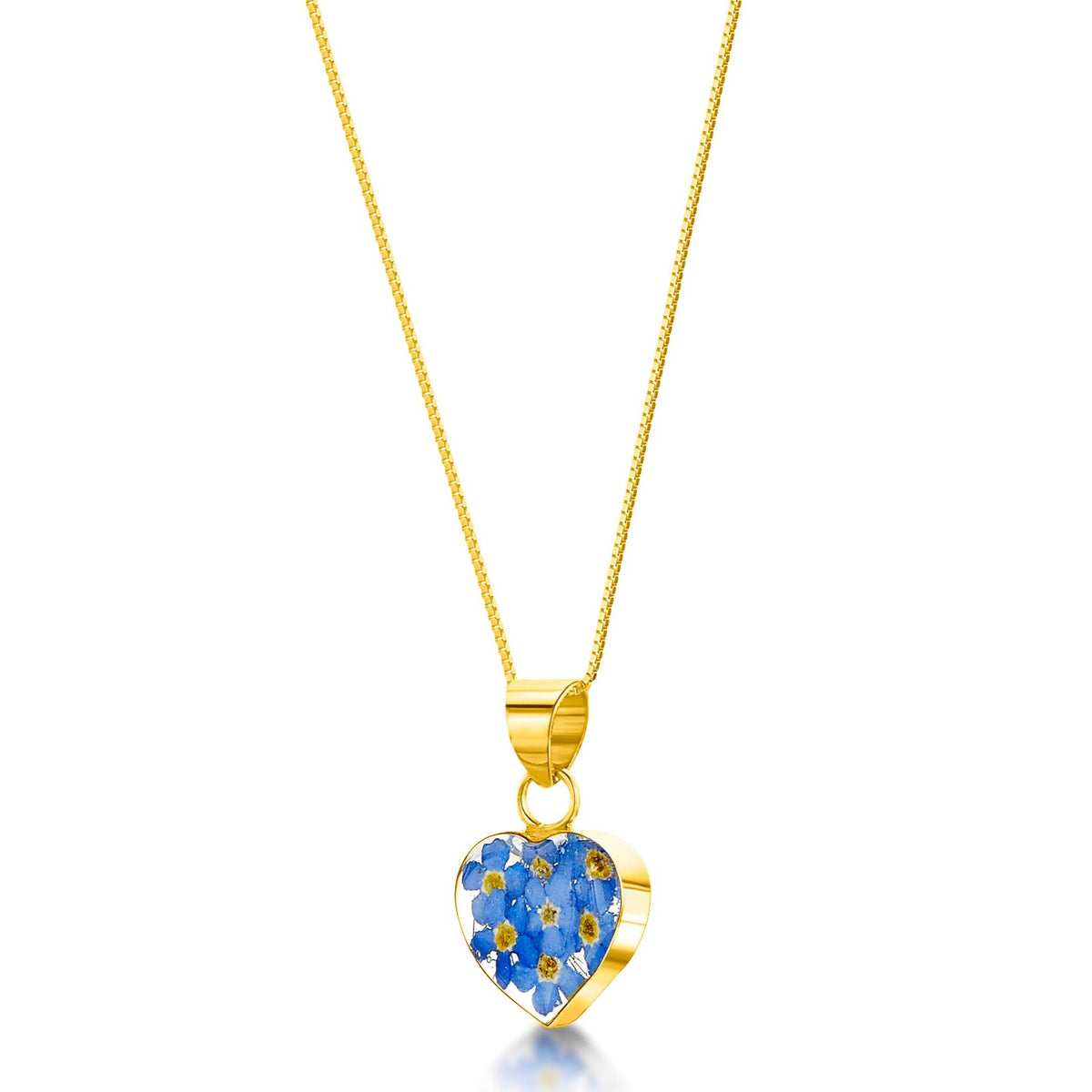 Sterling silver gold-plated heart pendant with real forget-me-not flowers set in resin. Hangs on an 18 inch adjustable sterling silver gold-plated chain.